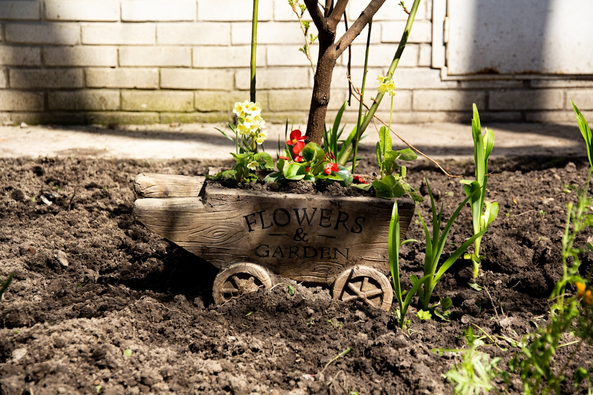 a flower pot sitting in the middle of a garden