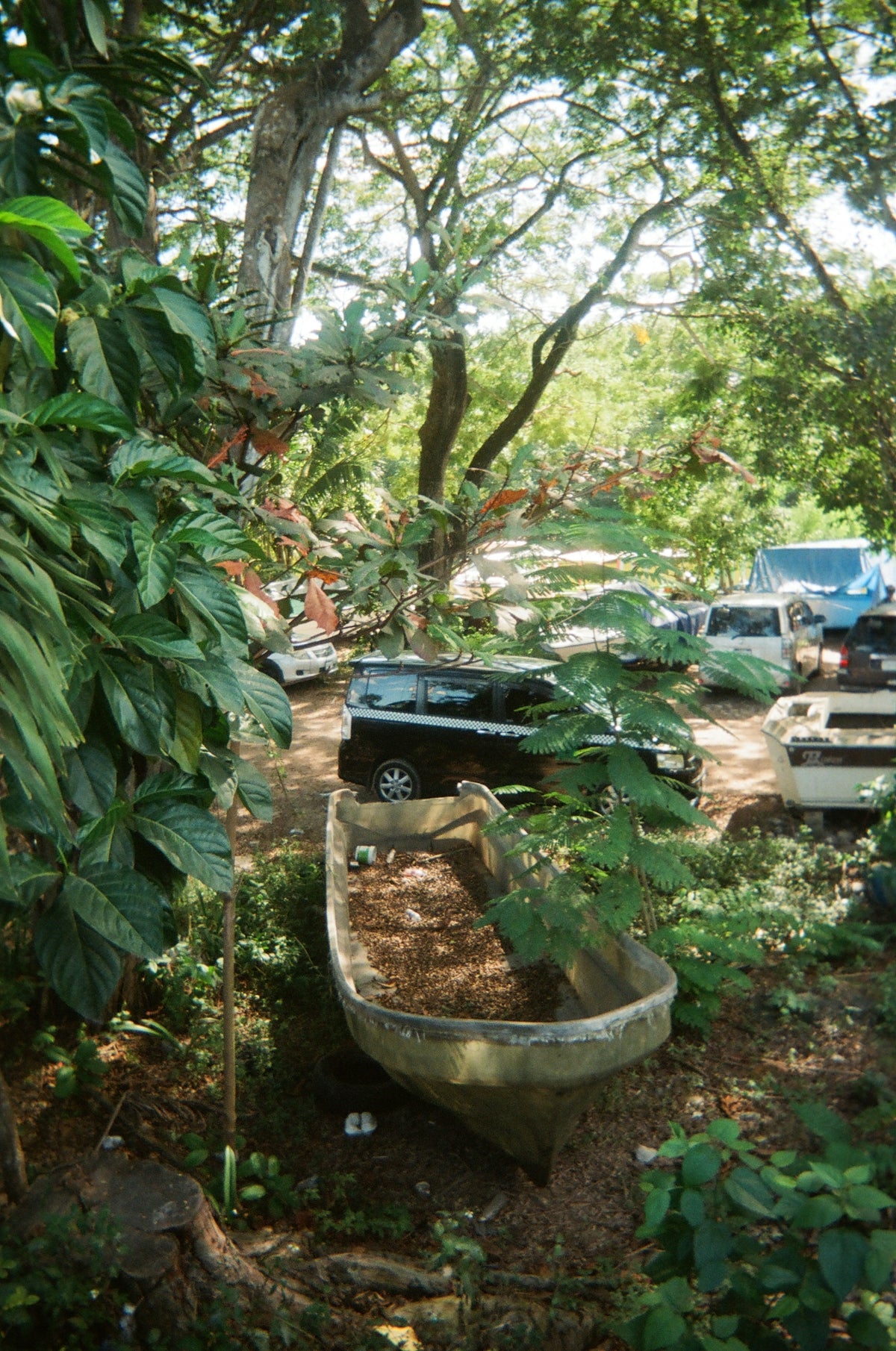 a car parked next to a boat in the woods