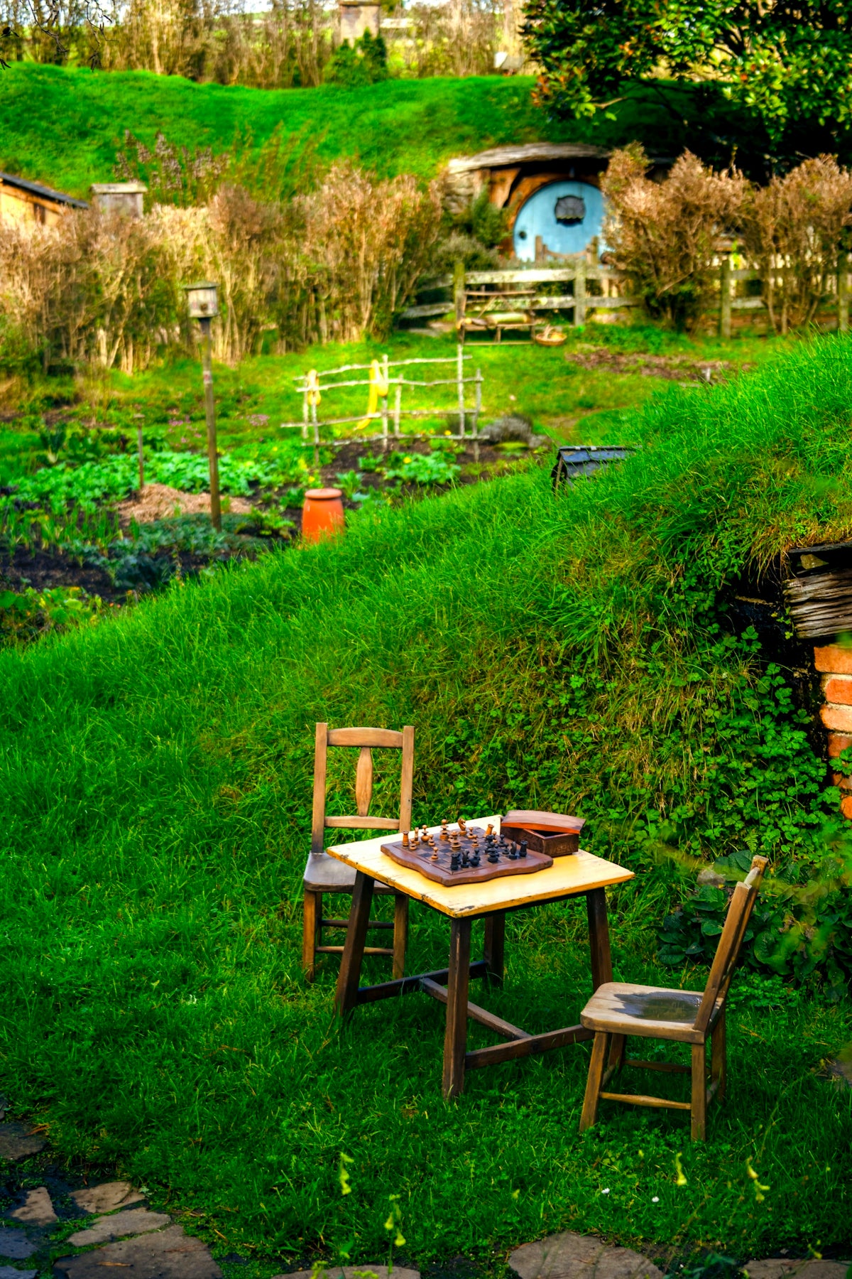 A table and chairs in the grass near a hobbot