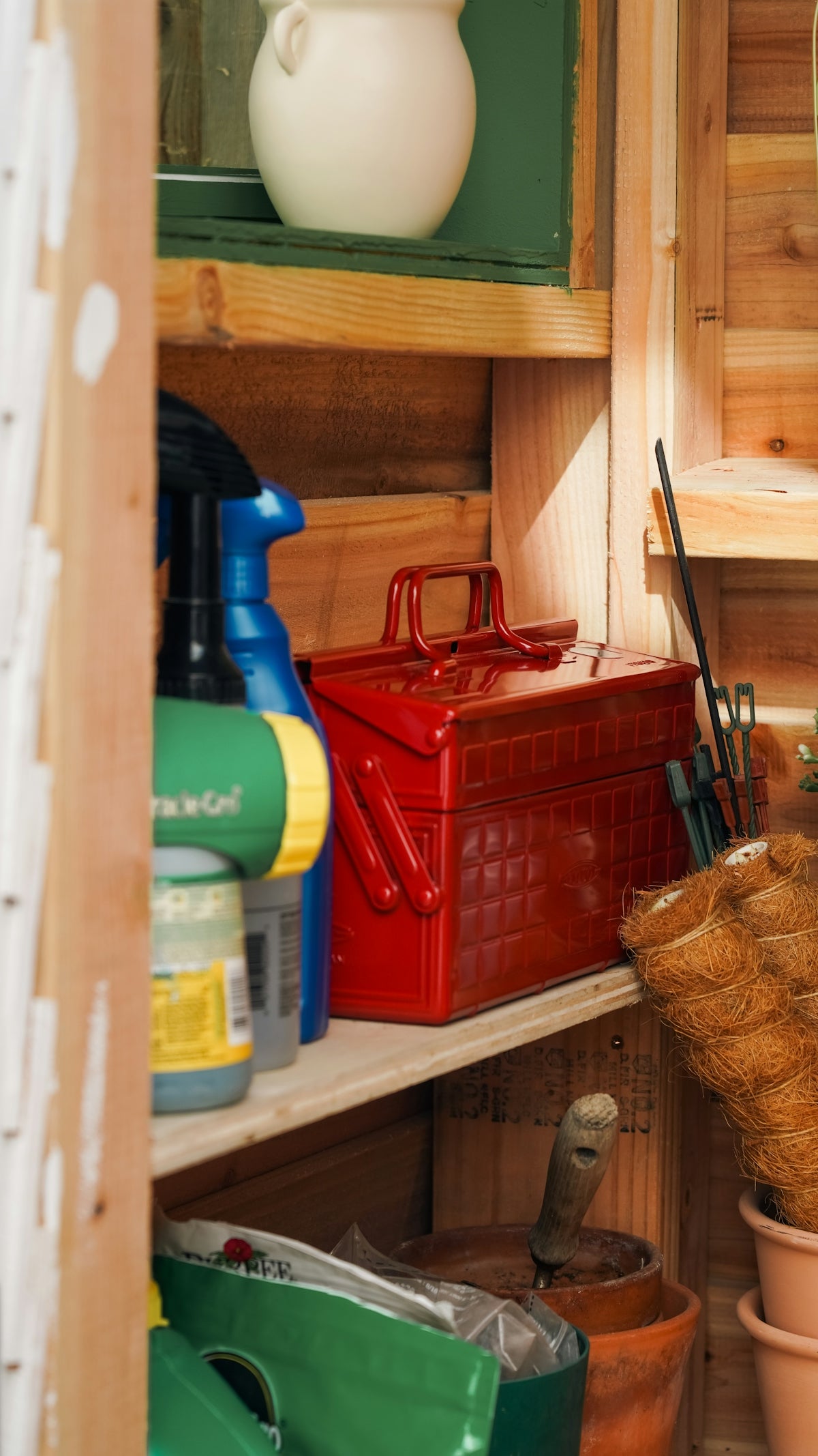 Gardening tools and a red toolbox on wooden shed shelves.