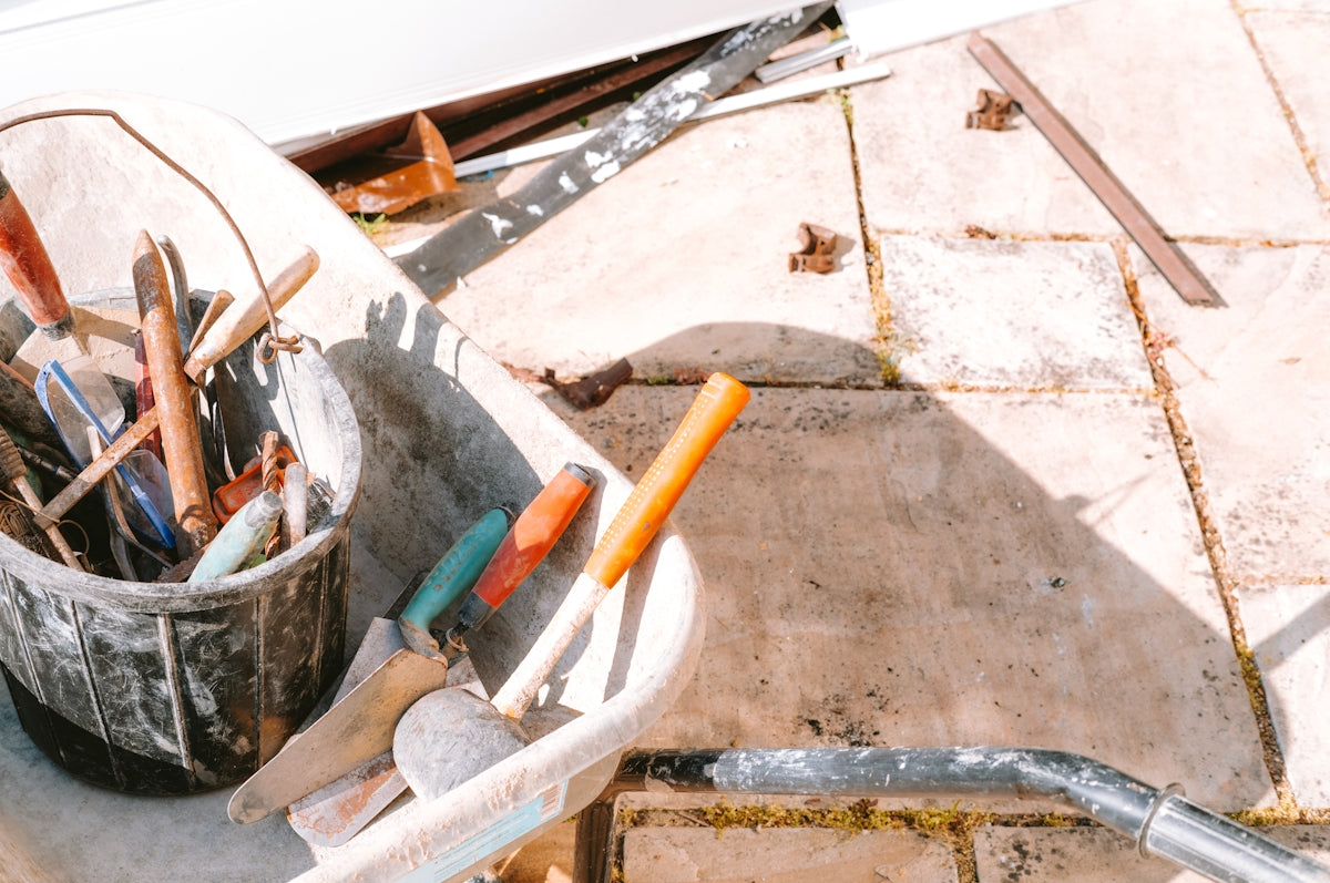 Assortment of construction tools on a building site