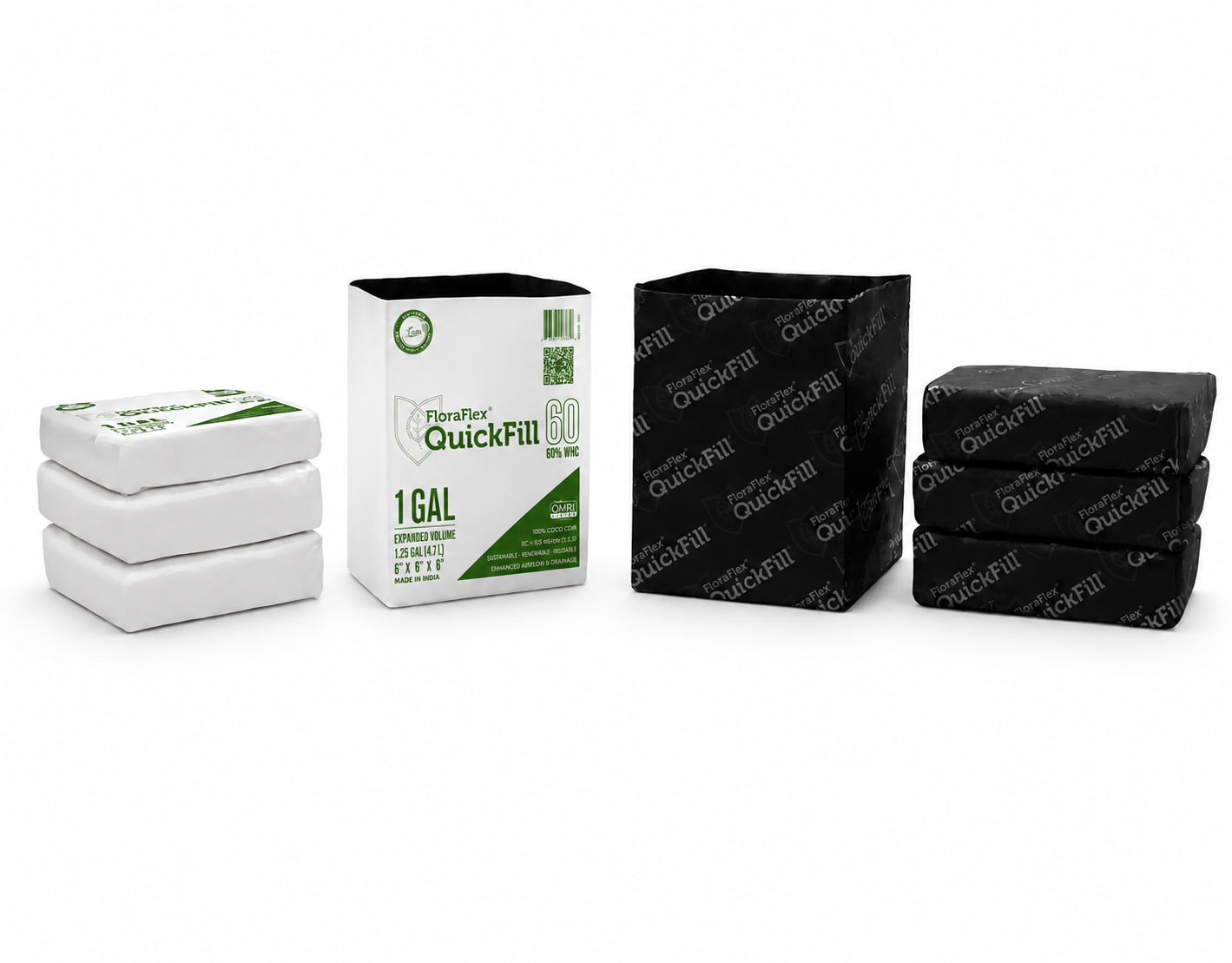 FloraFlex QuickFill 1 gallon coco coir bags, compressed bricks and empty liners