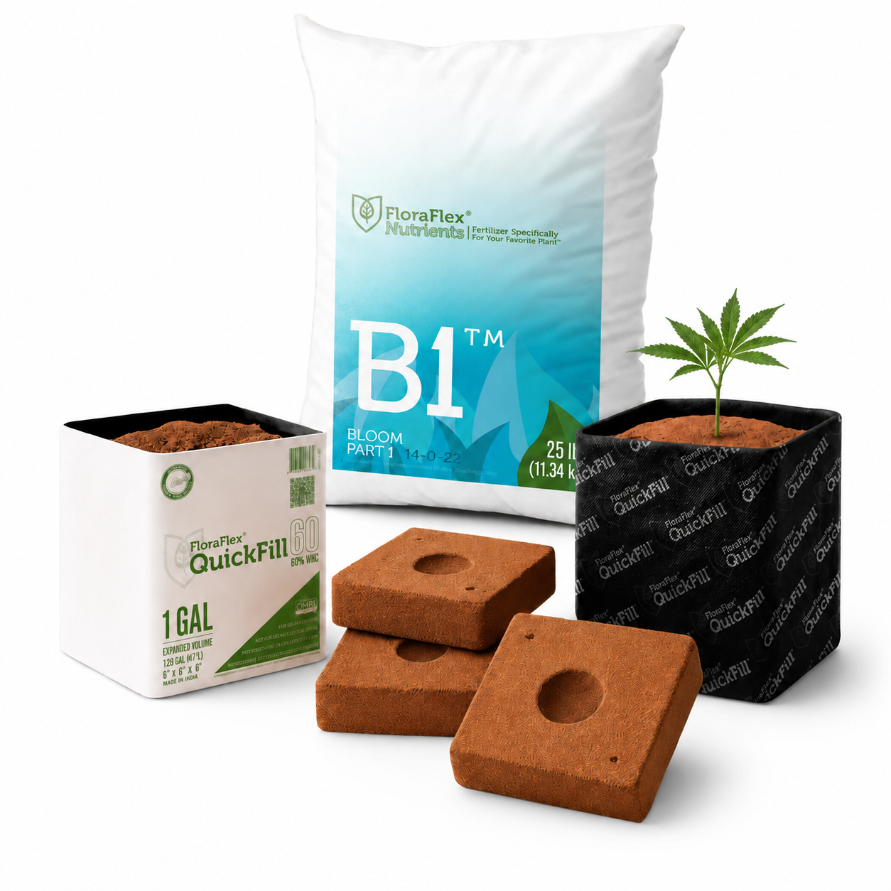 FloraFlex QuickFill 1 Gal coco bag, coco discs, black QuickFill bag with seedling, and a 25 lb B1 nutrient bag