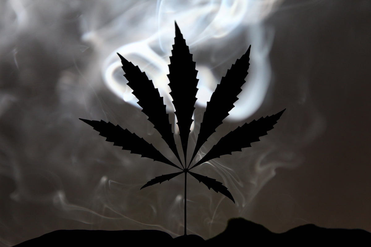 A marijuana leaf in front of a cloudy sky