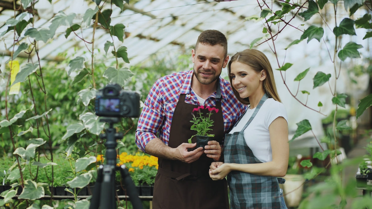 Couple posing with plant in greenhouse