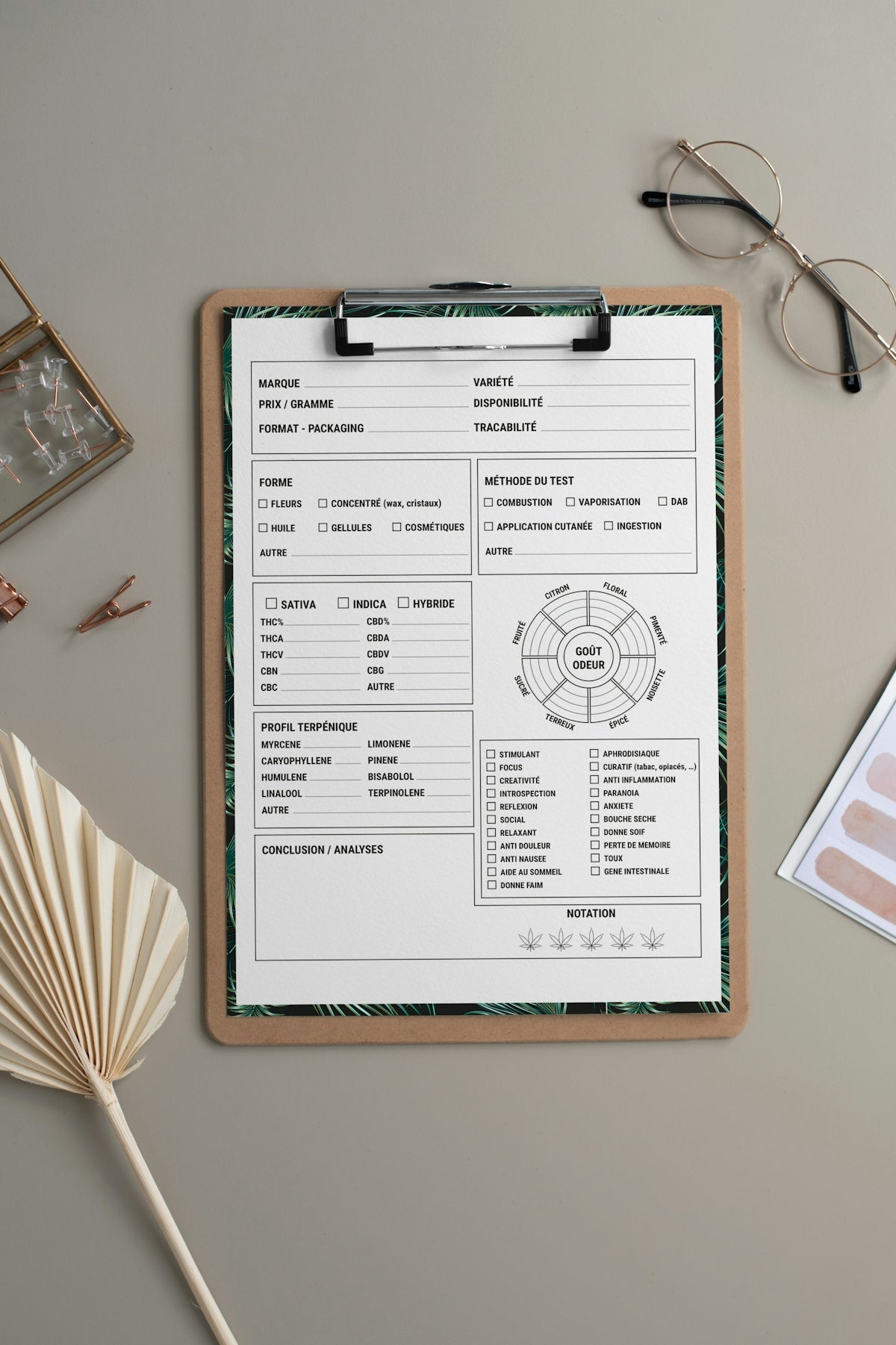 Clipboard with forms and glasses on a desk.