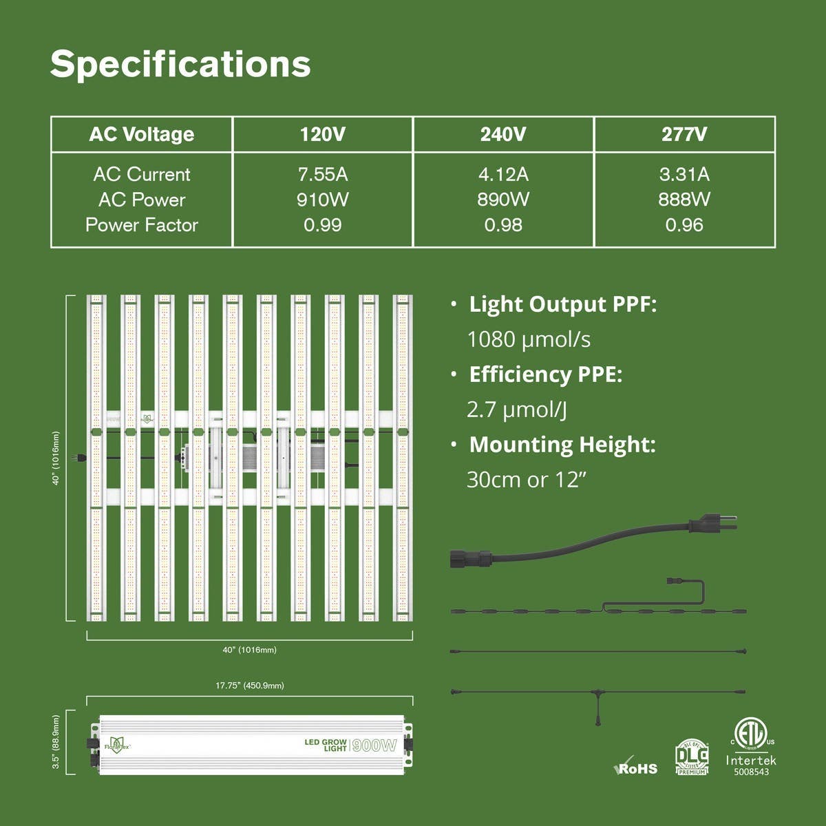 Patent Pending 900W Full Spectrum LED Grow Light with Custom Diodes